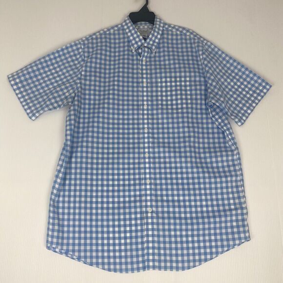 LL Bean Button Up Shirt Mens Size L Tall Blue Striped Short Sleeve 100% Cotton - Picture 2 of 16